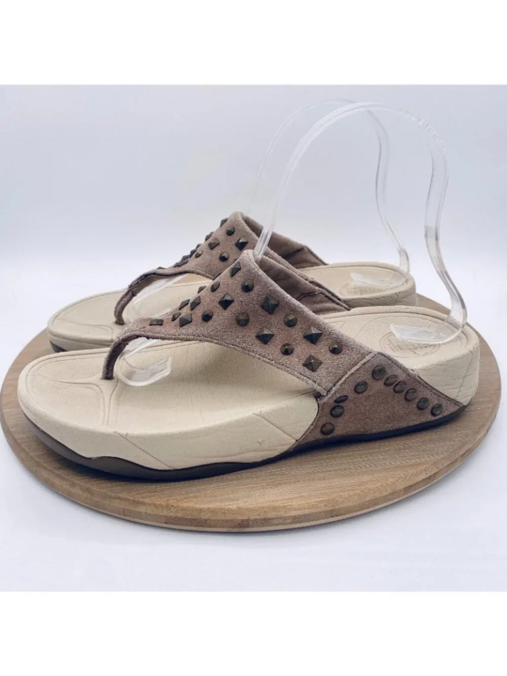 Fitflop Sandals Womens 7 38 Tan Suede Wedge Recovery Studded Flip Flop